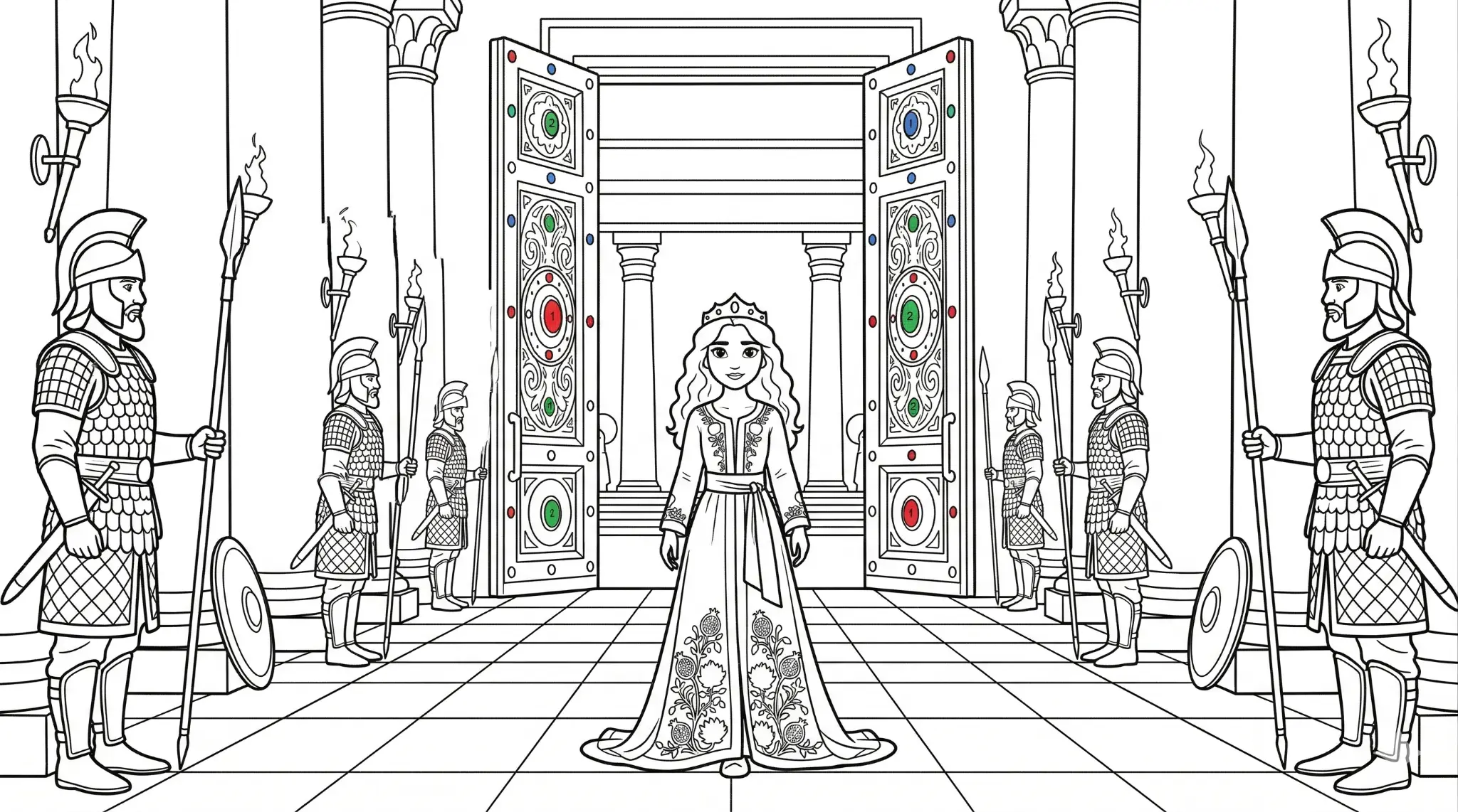 Esther walking through the palace coloring-page sample