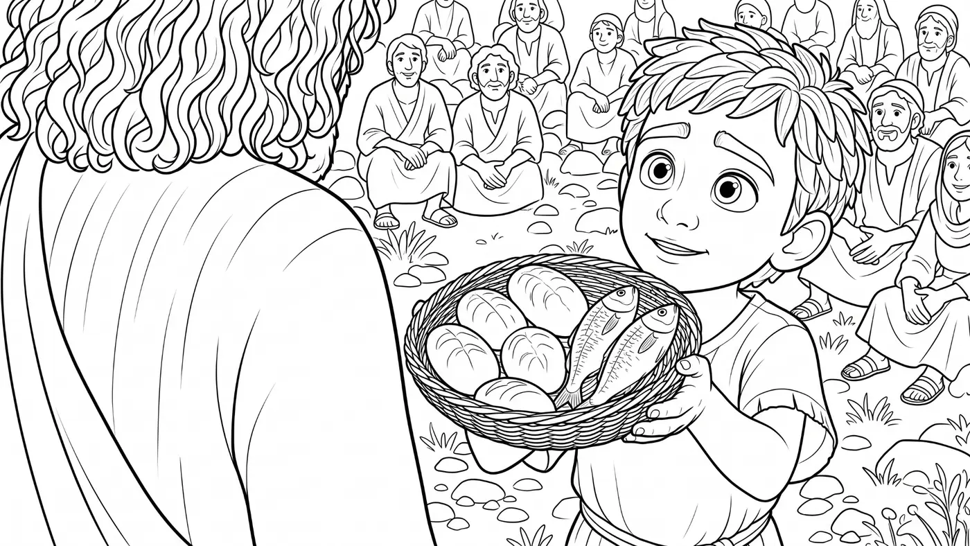 A boy offering his lunch to Jesus coloring-page sample