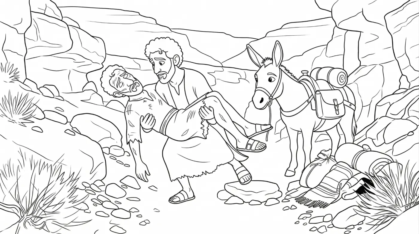 The Samaritan helping the injured traveler coloring-page sample