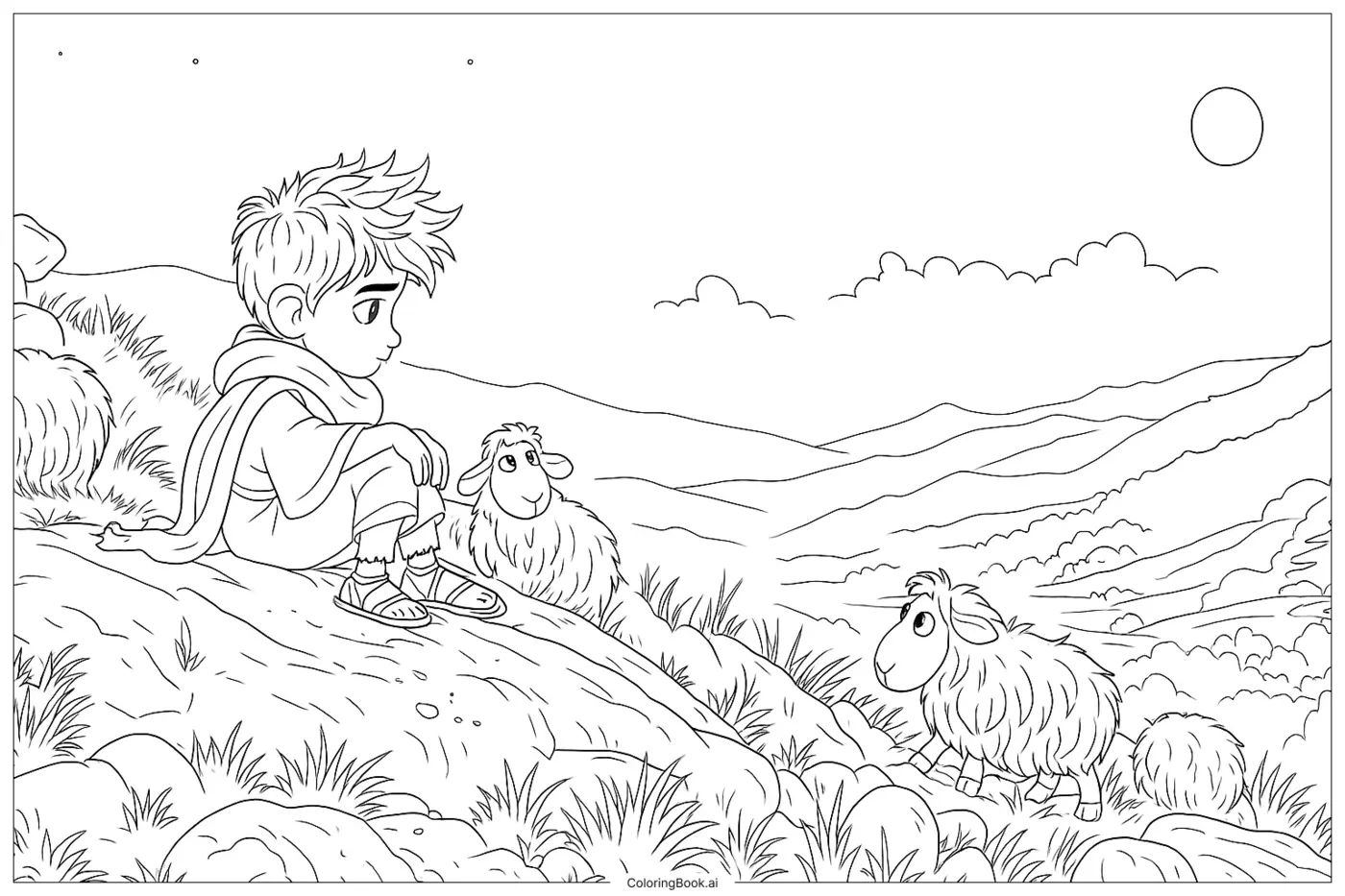 Little shepherd on the peaceful hillside coloring-page sample