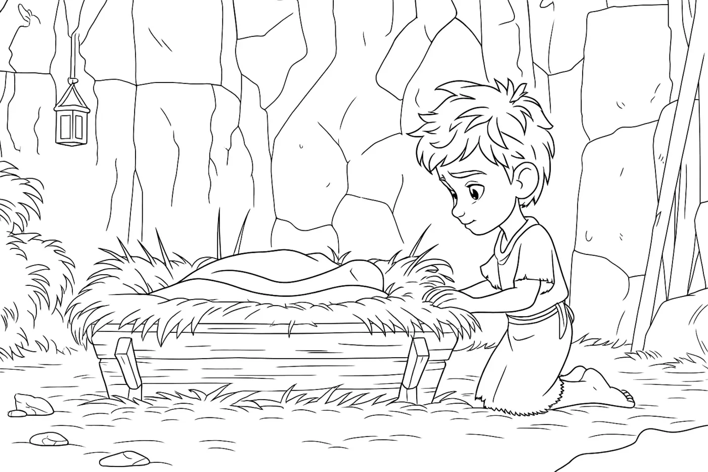 Little shepherd kneeling beside the manger coloring-page sample