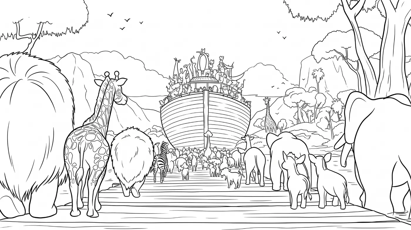 Animals walking two by two toward the ark coloring-page sample
