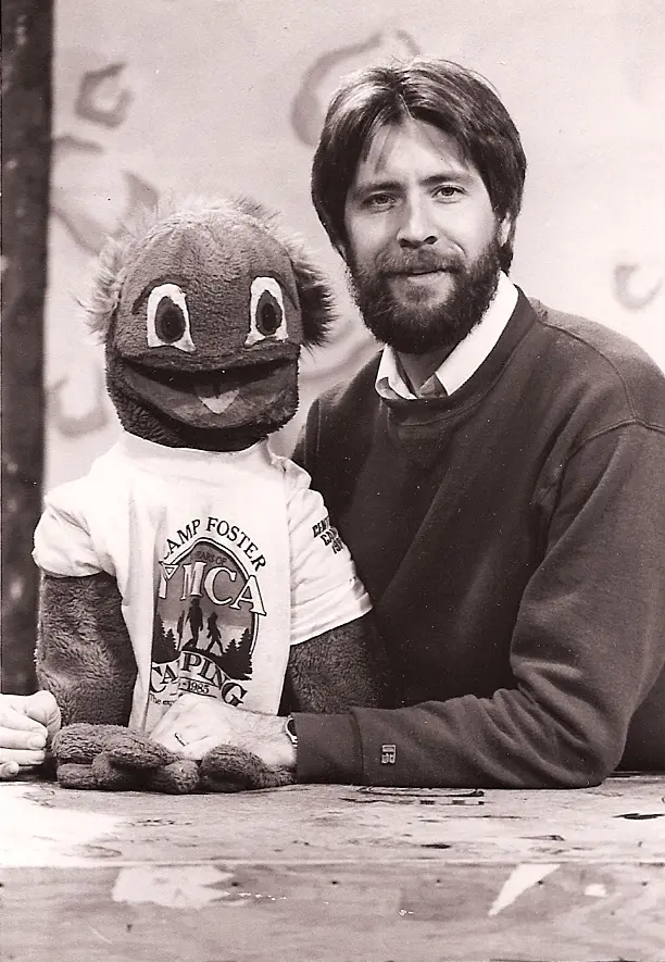 Tim Poppen with puppet character Rufus during the Puppin’s Place years