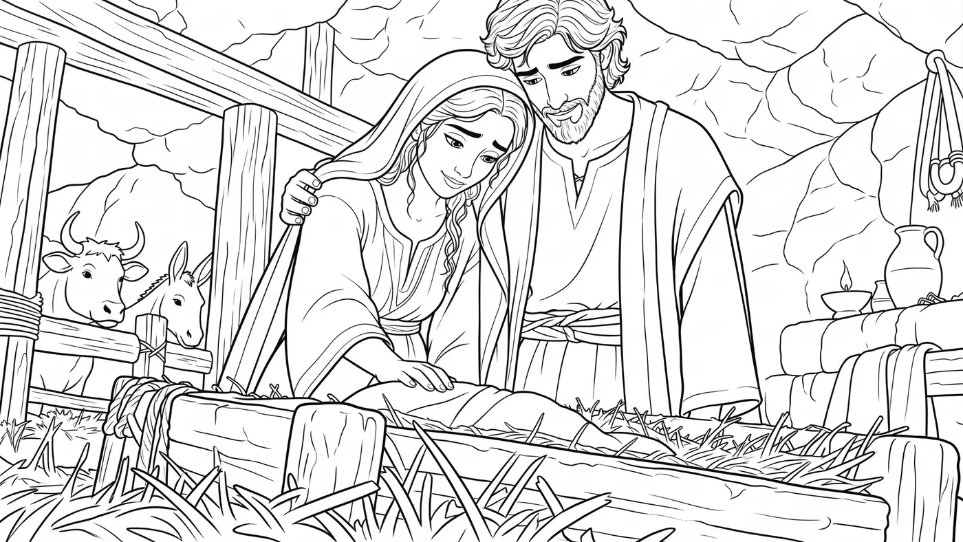 Mary, Joseph, and the baby coloring-page sample