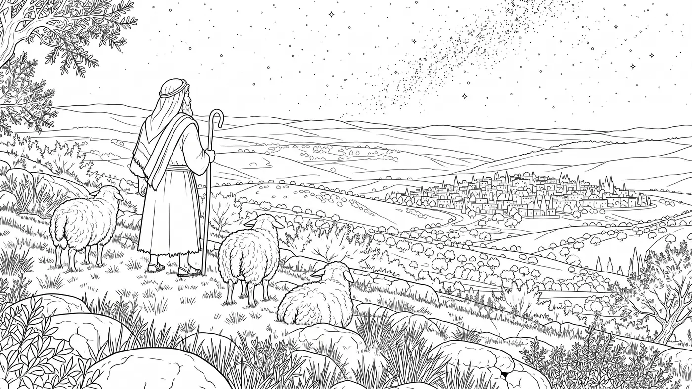 Shepherd on the hillside coloring-page sample